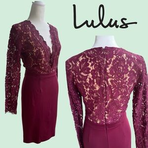 Lulu's Burgundy Lace Long Sleeve Dress. Deep V-neck. EUC. Medium.